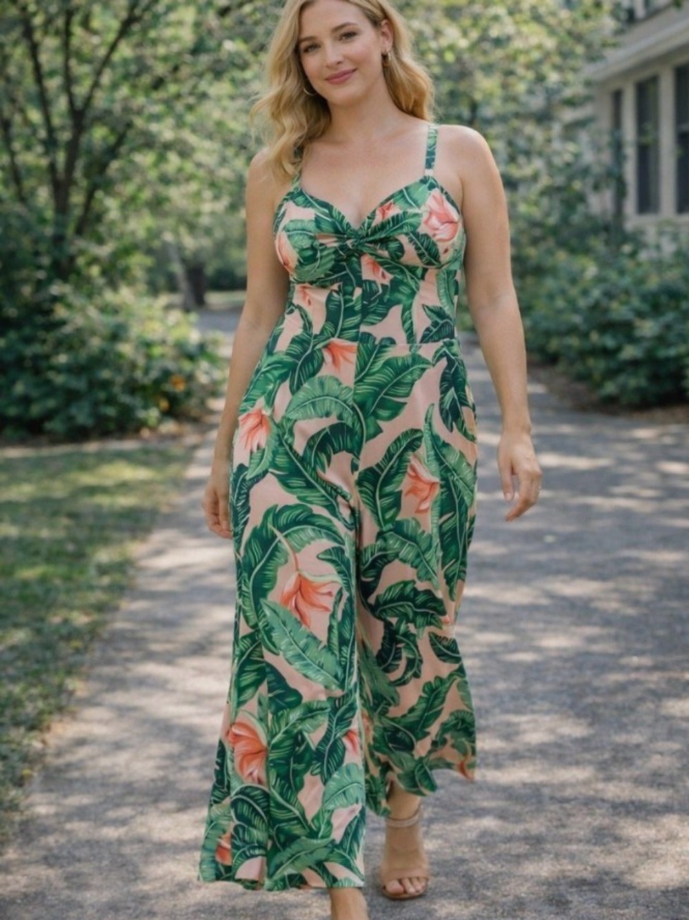 Show Me Your Mumu x Barbie Tropical Palm Print Wide Leg Jumpsuit Pink/Green M